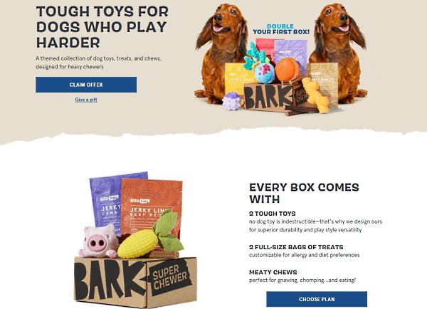より丈夫な犬用のおもちゃを定期的に購入している顧客「Super Chewers」向けのサイトページ（画像は編集部がBarkのサイトからキャプチャ）