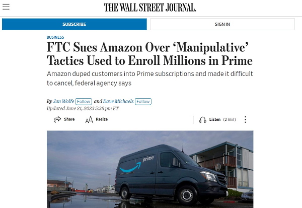 FTCがAmazonに対して行った提訴について記述した「Wall Street Journal」の報道（画像は編集部が「Wall Street Journal」のサイトからキャプチャ）