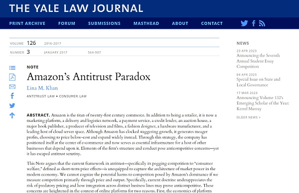 FTCのリナ・カーン委員長がイェール大学在学中に発表した「Amazonの独占禁止法のパラドックス」（画像はイェール大学が運営する「Yale Law Journal」のサイトから編集部がキャプチャ）