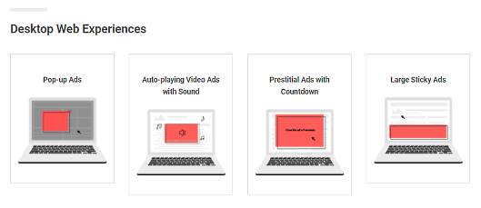グーグルの広告ブロック施策がネット通販に与える影響は？ 知っておくべきことは？ 「Pop-up Ads」（ポップアップ広告）、「Auto-playing Video Ads with Sound」（音声付きの自動再生動画広告）、「Prestitial Ads with Countdown」（カウントダウン付きプレスティシャル広告）、「Large Sticky Ads」（サイズの大きいスティッキー広告）
