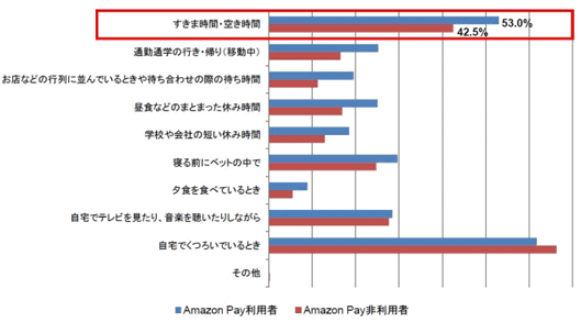 ECを利用するシーン　すきま時間、空き時間
Amazon Pay 利用者…53％
Amazon Pay 非利用者…42.5％