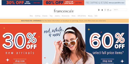 女性服のFrancescaはECサイトのトップに「ブティック再開について」のバナーを掲載