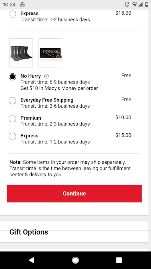 Macy'sのECサイトで提供している”ゆっくり配送”オプション。選択した顧客には、Macy'sで利用できる10ドル分のギフトカードを付与