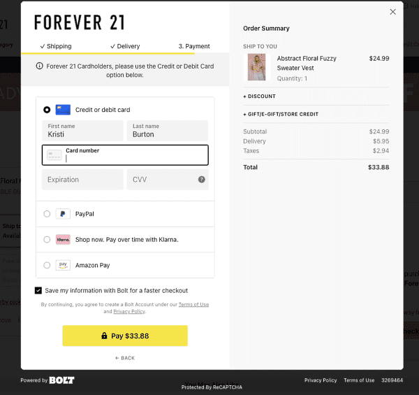 Forever 21は、「Bolt」を利用して顧客情報を保存し、次回以降の購入時に顧客がスピーディーにチェックアウトできるようにしている（画像は『Digital Commerce 360』より）
