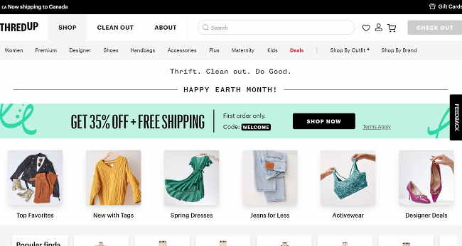 ThredUpが運営する中古品衣料プラットフォームのトップページ（画像はサイトから編集部がキャプチャ）