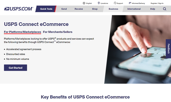米国郵便公社が提供する「USPS Connect eCommerce」サービス（画像は米国郵便公社のサイトから編集部がキャプチャ）