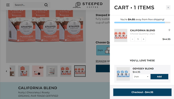 Steeped, Inc.の公式ECサイトでは、送料無料ラインとなる49ドルまで、顧客があといくら購入する必要があるかを表示している（画像はSteeped, Inc.の公式ECサイトから編集部がキャプチャ）