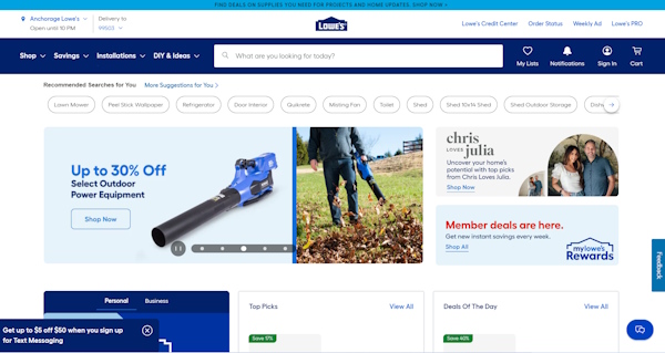 「Lowe's.com」のトップページ（画像は「Lowe's.com」から編集部がキャプチャ）