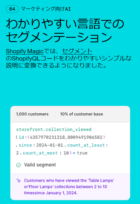 「ShopifyQLコード」で記載した内容をシンプルな説明文に変換した例