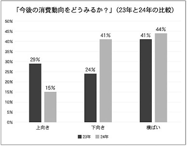 「今後の消費動向をどうみるか」の回答を2023年と2024年で比較