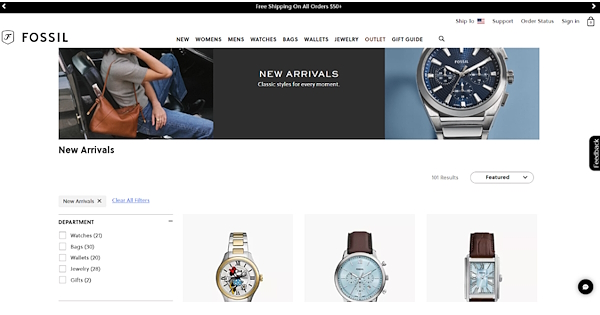 時計を中心に、ハンドバッグ、ジュエリーなどを展開するFossiのECサイト（画像はサイトから編集部がキャプチャして追加）