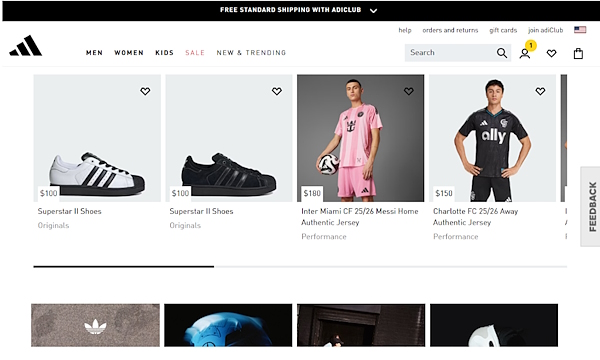 AdidasのECサイト「adidas.com」トップページ（画像はサイトから編集部がキャプチャ）