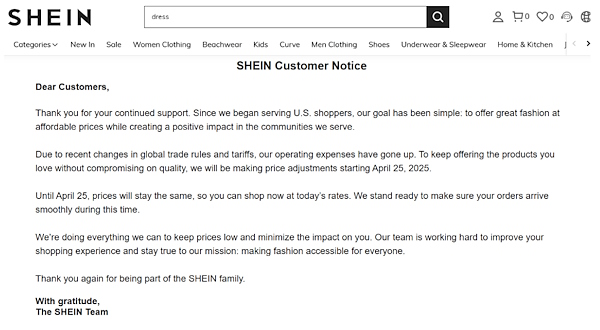 SHEIN GroupとPDDHDは4月25日からすでに販売価格を値上げしている（画像は「SHEIN」から追加）