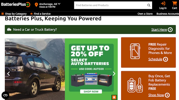 Batteries PlusのECサイトトップページ（画像はサイトから追加）