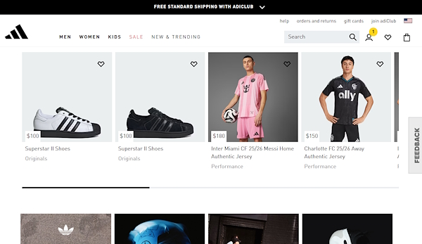 AdidasのECサイト「adidas.com」トップページ（画像はサイトから編集部がキャプチャ）