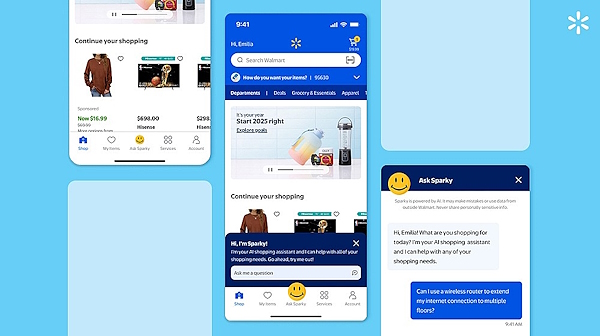 「Sparky」の活用イメージ。さまざまな顧客のニーズに対応し自律的に行動する（画像はWalmartのニュースリリースから追加）