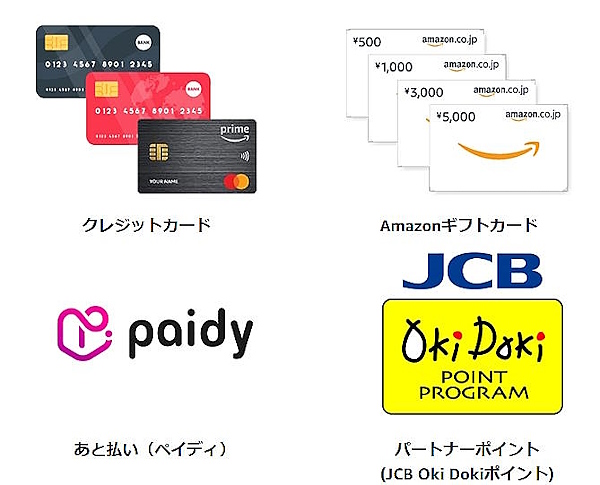 「Amazon　Pay」では「クレジットカード」のほか、「あと払い」「Amazon ギフトカード」「パートナーポイント」での支払いもできる
