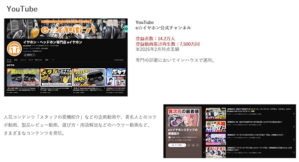 YouTubeの「e☆イヤホン」公式チャンネルの登録者は14.2万人、動画の累計再生数は7500万回となっている（2025年2月時点）