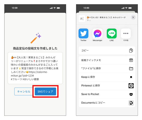 023年3月から提供しているAIを活用したサービス「カラーミーAIアシスタント（β）」。SNSに投稿する商品宣伝文を作成する