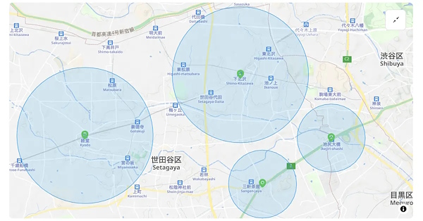 「地点半径ターゲティング」で広告配信エリアを指定した地図のイメージ。複数の地点を選ぶこともできる