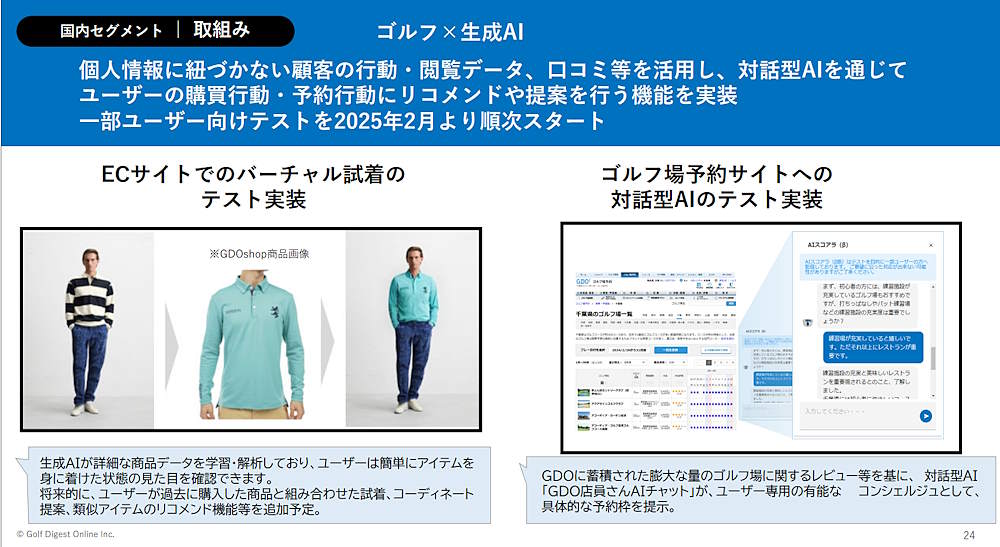 バーチャル試着(左)。運営するゴルフ場予約サイトへの対話型AIのテスト実装も実施(画像はGDPの自社ECサイトから追加)