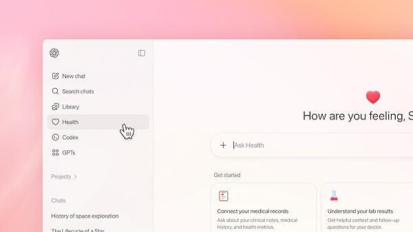 「ChatGPT Health」は、「ChatGPT」のサイドバーメニューから「Health」を選択すると利用できる（画像はOpenAIのコーポレートサイトから追加）