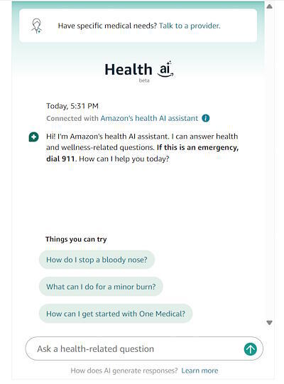 Amazonが公開している一般向けのAIヘルスケアアシスタント（画像はAmazonから追加）