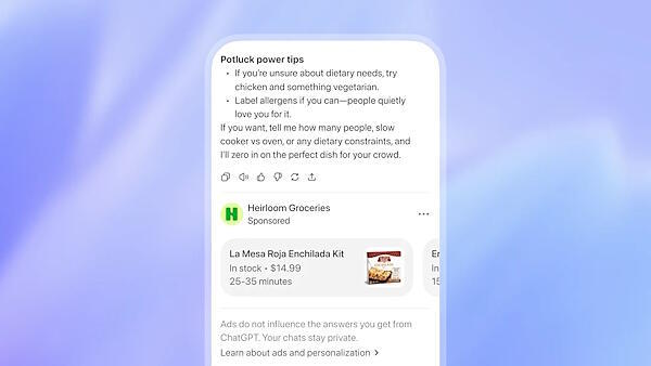 「ChatGPT」内での広告表示のイメージ（画像はOpenAIのコーポレートサイトから編集部が追加）