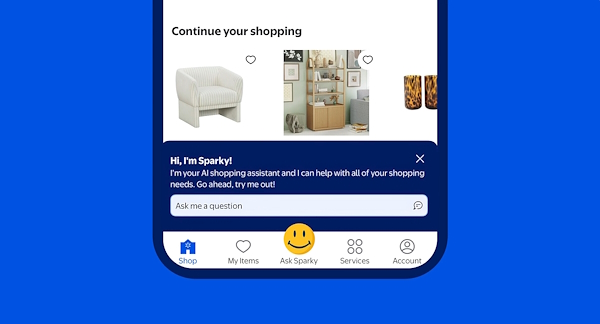 モバイルアプリ内で「Ask Sparky」をクリックするとユーザーはAIエージェントを利用できる(出典:Walmartの「Sparky」紹介動画のキャプチャ画面)