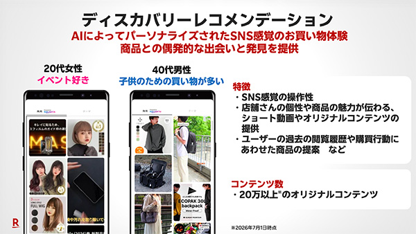 ディスカバリーレコメンデーションは、SNS感覚で使える(出典:楽天のプレゼン資料)