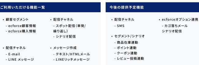 「ecforce ma」の基本性能（右側は今後提供を予定）