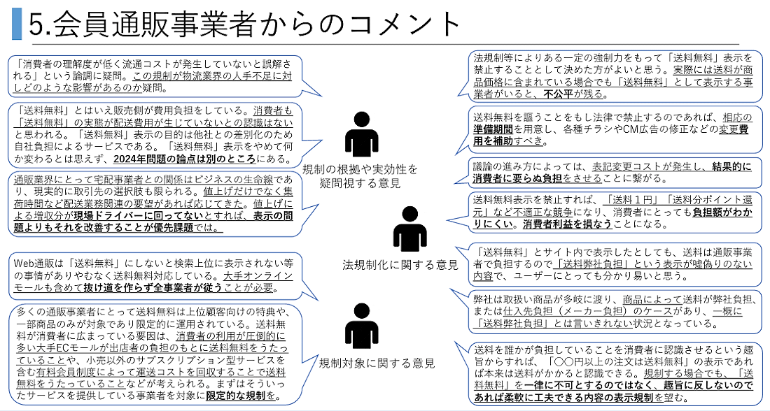 消費者庁が実施している「『送料無料』表示の見直しに関する意見交換会」で、公益社団法人日本通信販売協会（JADMA）は「送料無料」表示が法規制化される場合、「送料弊社（社名）負担」などコスト負担を表示するよう求めると提言した