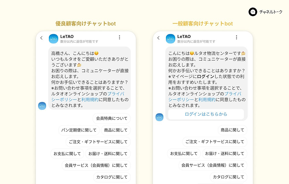 優良顧客向けのチャット（左）と一般顧客向けのチャット