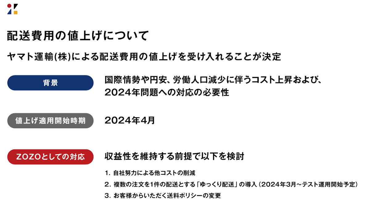 ヤマト運輸からの配送費用値上げ要請を受け入れたZOZO 自社努力によると他コストの削減、複数の注文を1件の配送にまとめるための「ゆっくり配送」の導入、消費者から徴収する送料ポリシーの変更――を検討する