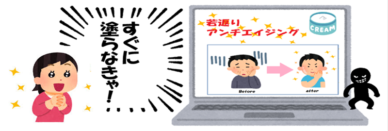 違反の恐れがある化粧品に関する広告表示と消費者行動のイメージ図 東京都は「インターネット広告表示監視事業」の実施状況を報告