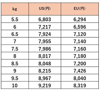 BEENOS Buyee バイイー 越境ECサービス 「FedEx International Economy」の参考料金表