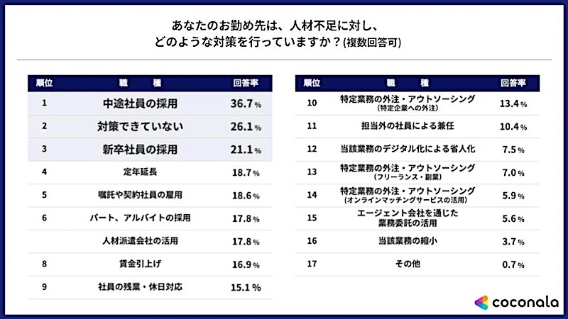 勤務先の人材不足に対して行なっている対策(複数回答可)