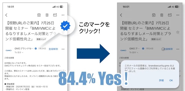 メール開封後、青いチェックマークとそれに伴うメッセージは正当なメールだと判断する際に役立つか