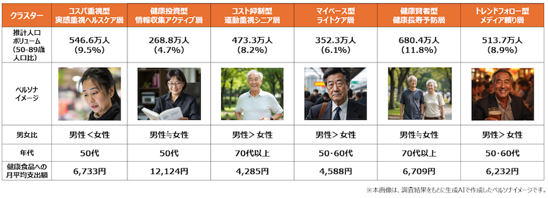 コスパ重視型 実感重視ヘルスケア層 健康投資型 情報収集アクティブ層 コスト抑制型 運動重視シニア層 マイペース型 ライトケア層 健康賢者型 健康長寿予防層 トレンドフォロー型 メディア頼り層