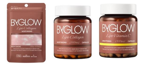 「ByGLOW」ブランドで展開するサプリメント。左からタブレットタイプ、カプセルタイプのリポソームコラーゲン、カプセルタイプのリポソームビタミンC