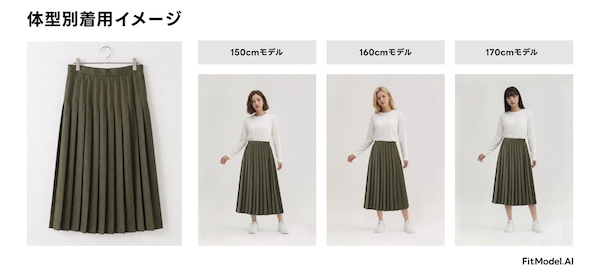 AIで生成した身長別の着用イメージ画像。身長ごとに「裾がどの位置にくるか」を再現する