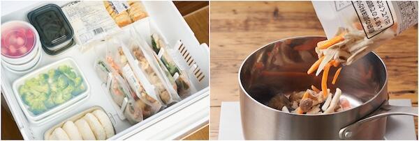 冷凍庫にストックできる（左）、調理しやすさを追及し具材の量も細かく調整している（右）