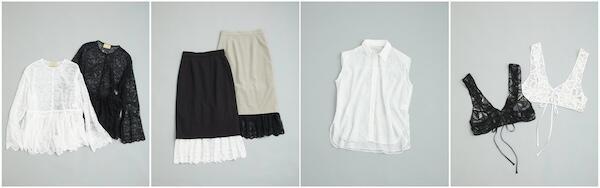 横浜店での取扱商品例：（左から）「ユナイテッドアローズ」ブラウス／スカート、「コンテ」ブラウス、「イウエン マトフ」ビスチェ