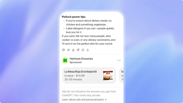 OpenAIは米国で「ChatGPT」内広告のテストを開始。成人の無料・Goプランが対象で、会話のトピックや過去のチャットなどを基に広告を配信。回答への影響はないとする。