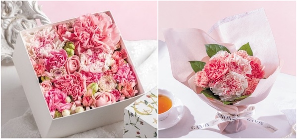2026年の「母の日」向けギフトの一例。「GANON FLORIST フラワーボックス」税込9900円（左）、「GANON FLORIST スタンディングブーケ」税込5478円（右）