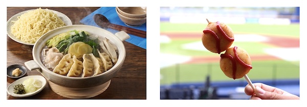 新潟県内企業とコラボレーションしたミールキット「Kit Oisix」（左）、エソを活用したスタジアムグルメ「がたほーボール」（右）