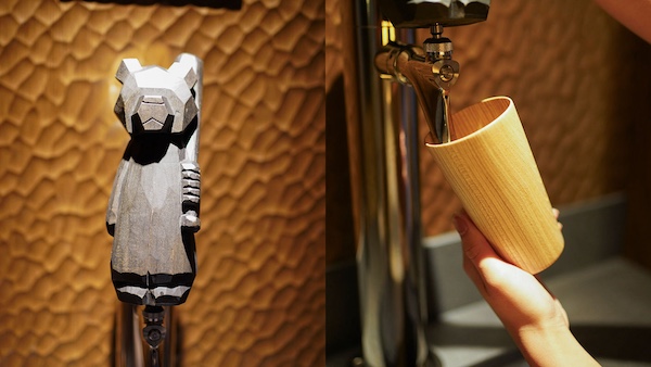クラフトビールタップの持ち手（ハンドル）（左）、「CRAFT」専用木製グラス（右）
