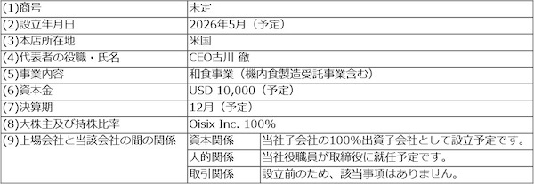 新たに設立を予定している孫会社の概要