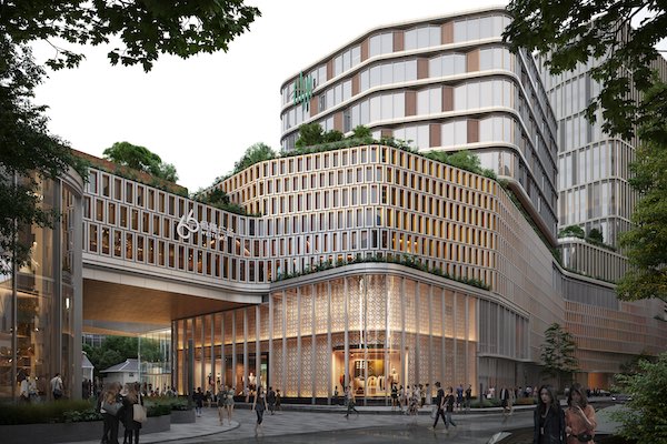 「杭州恒隆广场」の外観。高級ショッピングモール、5棟のグレードAオフィスビル、浙江省初のマンダリン・オリエンタル・ホテルが一体化した施設となる