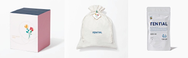 （左から）ペアセット購入者向けの数量限定ギフトボックス（左）、ギフトラッピング、ノベルティの入浴剤「BAKUNE BATH」
